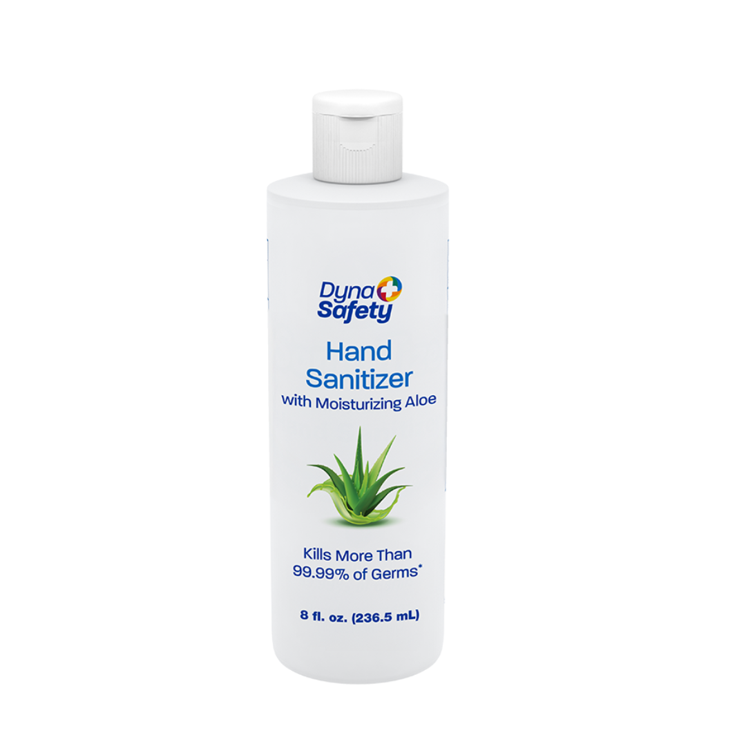 A white bottle of Dynarex Hand Sanitizer with Moisturizing Aloe features an aloe plant on the label, kills over 99.99% of germs, moisturizes hands, and comes in an 8 fl. oz. (236.5 mL) size.